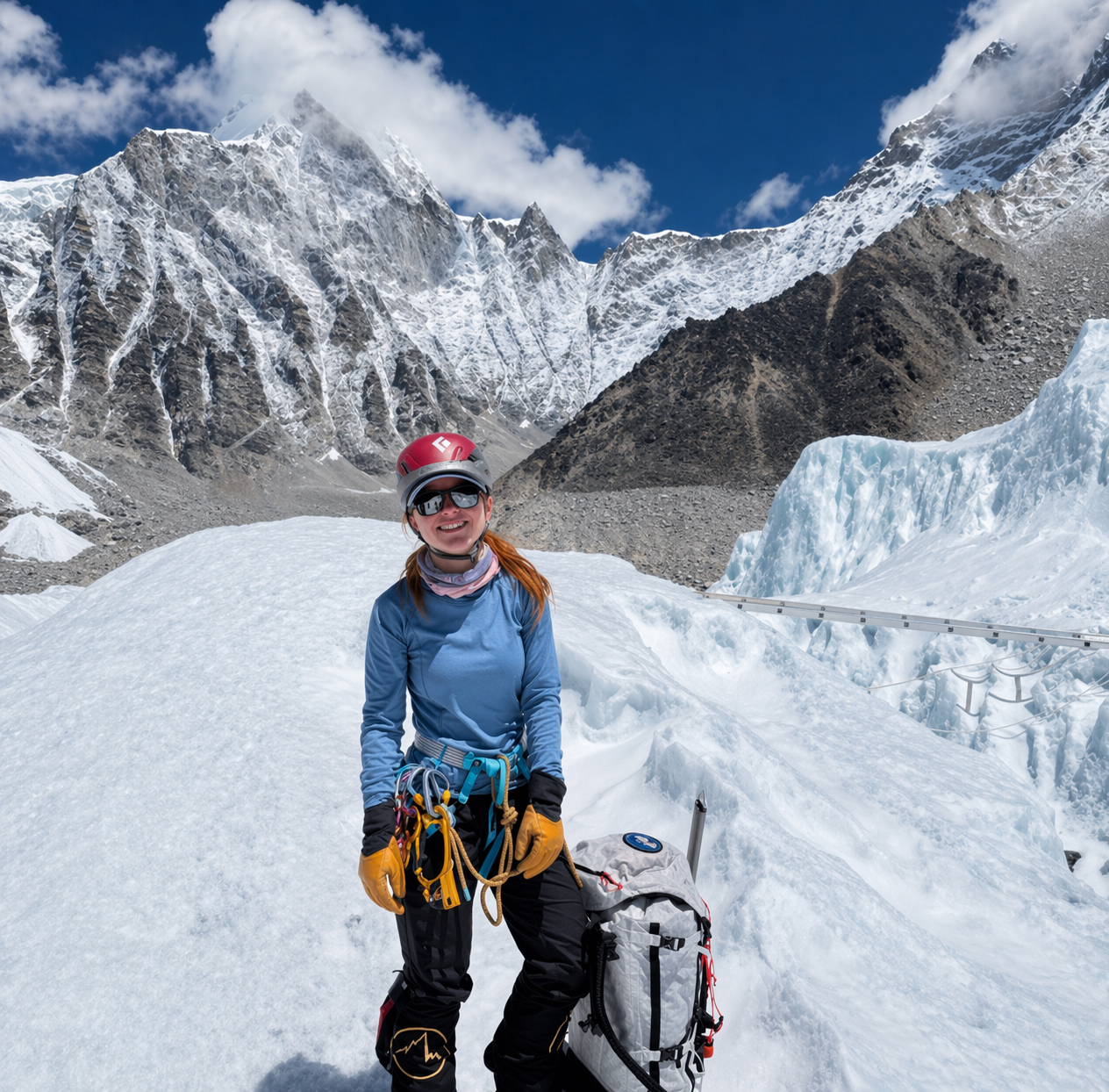 Certified mountain guide with radio, Karakoram backdrop